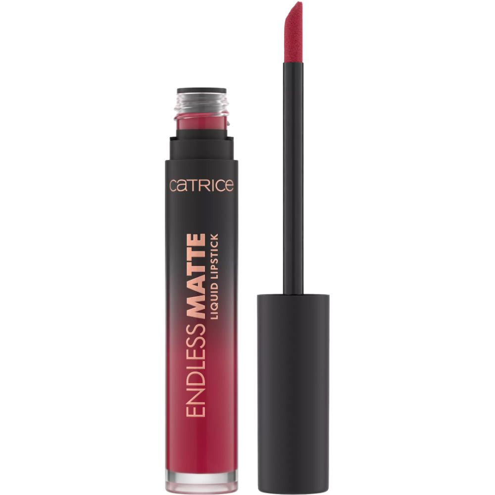 Flüssiger Lippenstift mit Applikator. Schwarzer Deckel, rote Farbe. Schriftzug: CATRICE, ENDLESS MATTE LIQUID LIPSTICK.