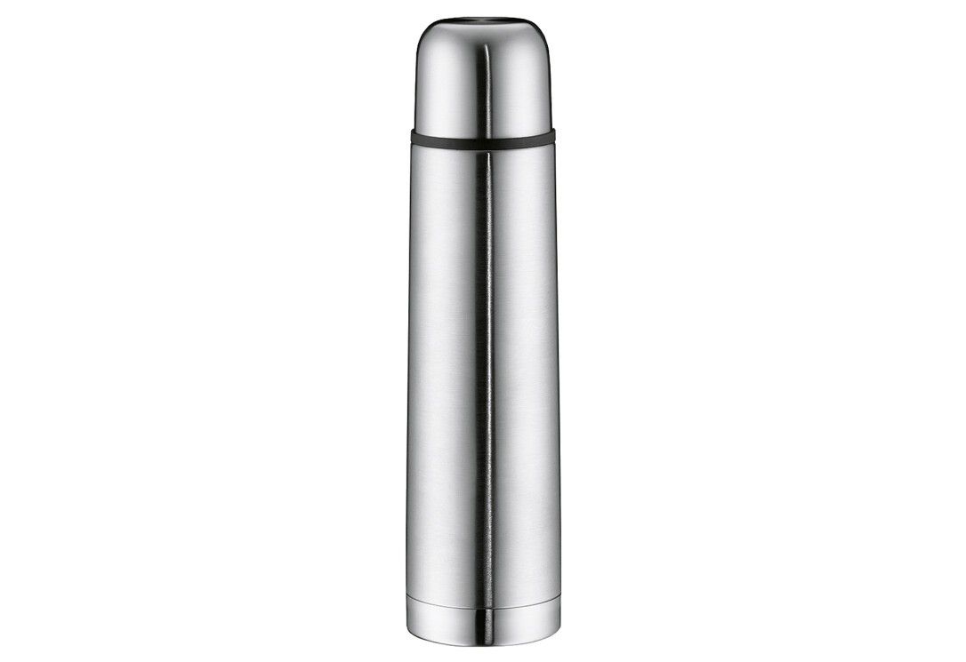 Isolierflasche aus Edelstahl. Zylindrische Form mit Schraubverschluss. Silberfarbenes Metall. Schwarzer Dichtungsring am Verschluss.
