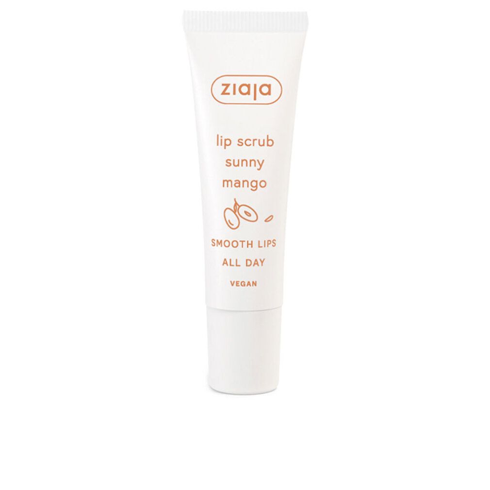 Weiße Tube mit Produkttext und Logo. Aufschrift: lip scrub sunny mango, SMOOTH LIPS ALL DAY, VEGAN. Abbildung von Früchten.
