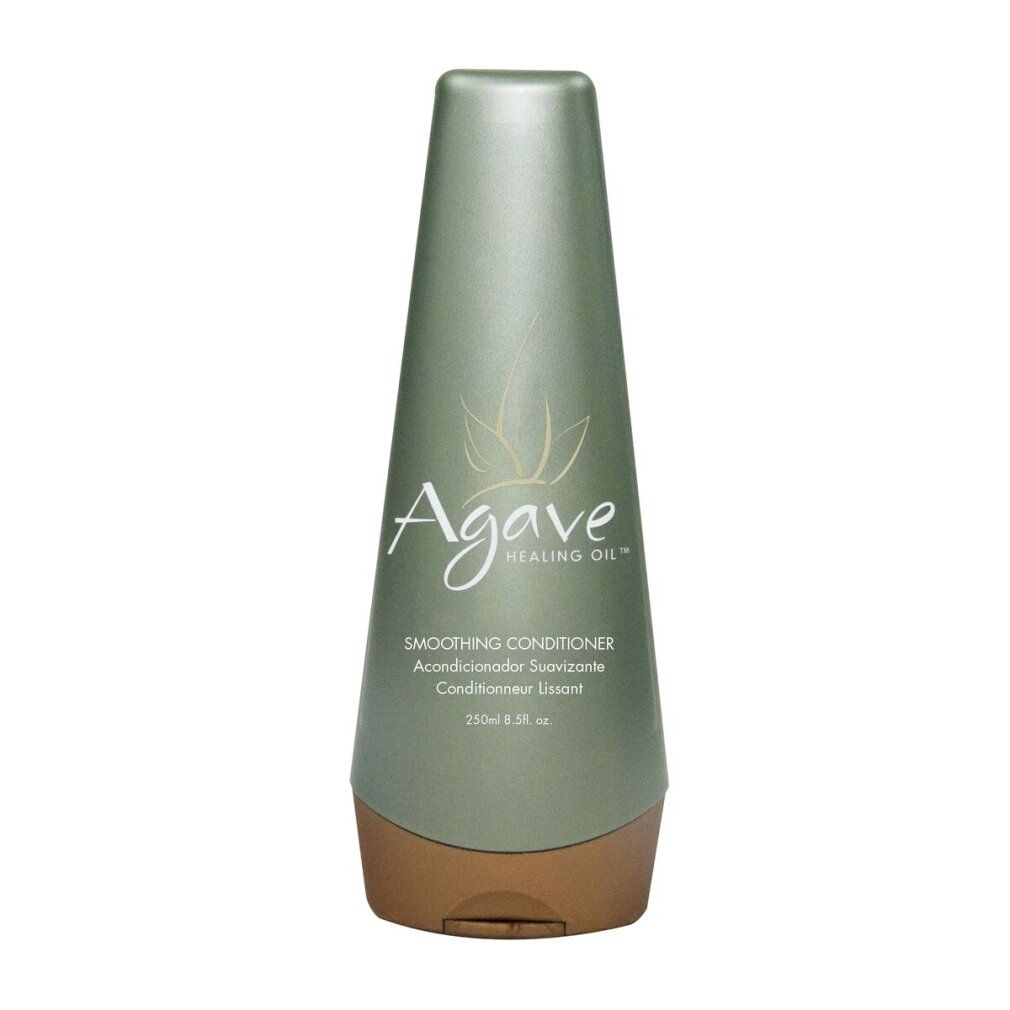Grüne Flasche mit braunem Boden. Aufschrift "Agave Healing Oil" und "Smoothing Conditioner".