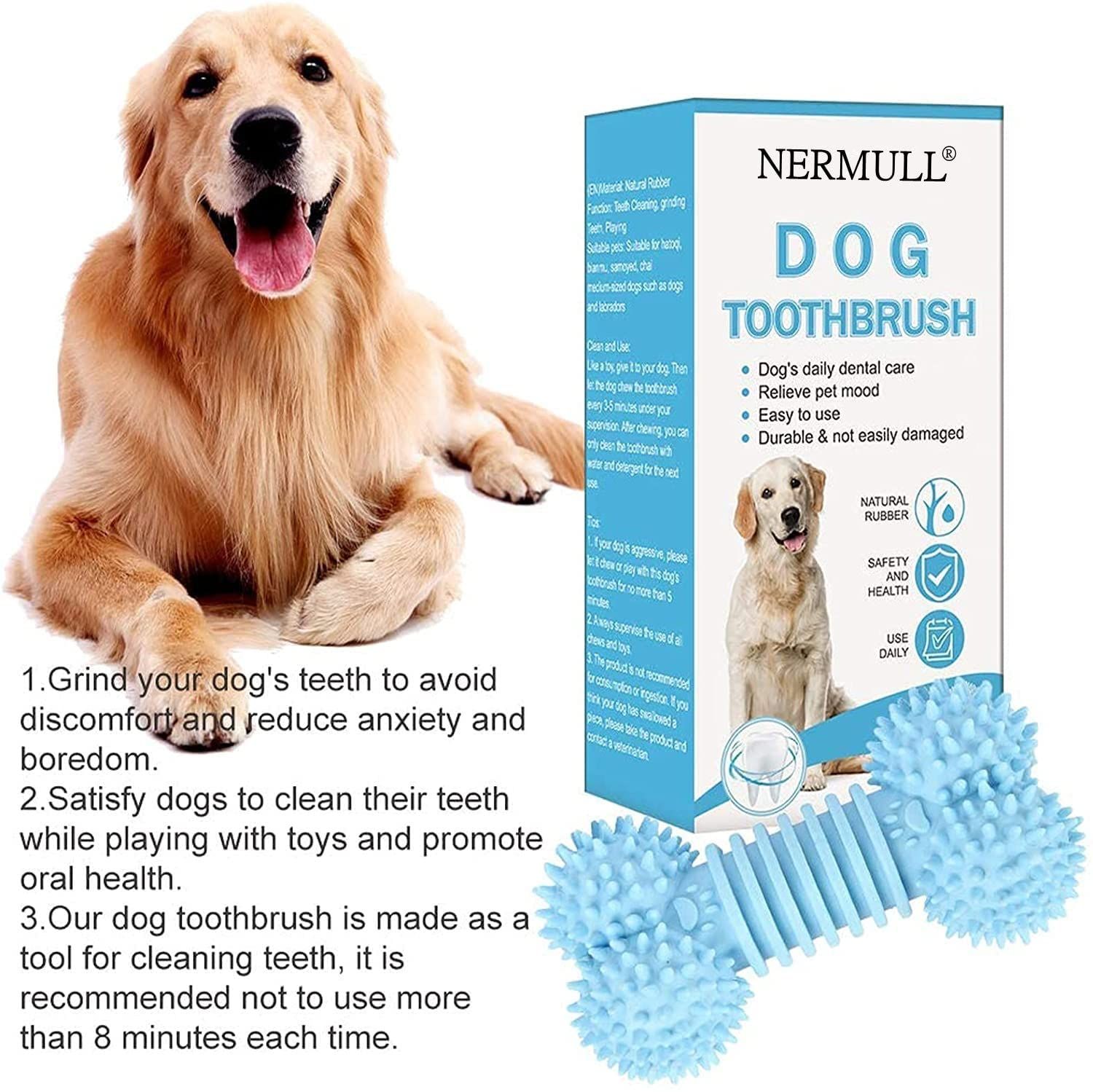 Hundezahnbürste in Knochenform, blau. Aufschrift: DOG TOOTHBRUSH. Mit einem Hund im Hintergrund.