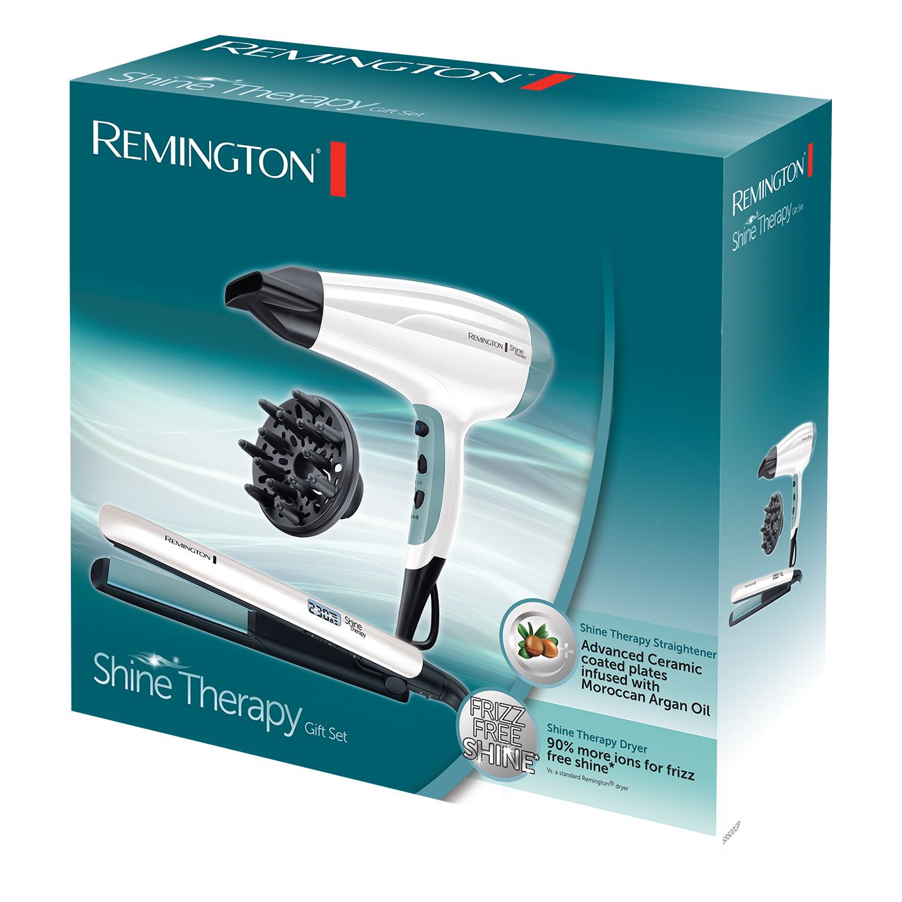 Remington Shine Therapy Gift Set Verpackung mit Haartrockner, Glätteisen, Diffusor und Arganöl-Hinweis.