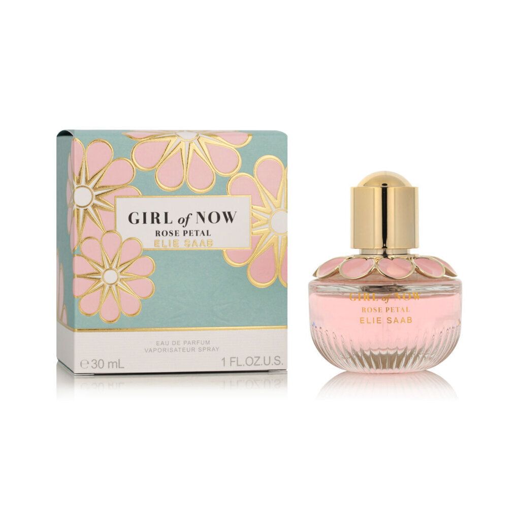 Elie Saab Girl of Now Rose Petal Eau de Parfum 30ml Flakon und Geschenkbox mit Blumenmuster.