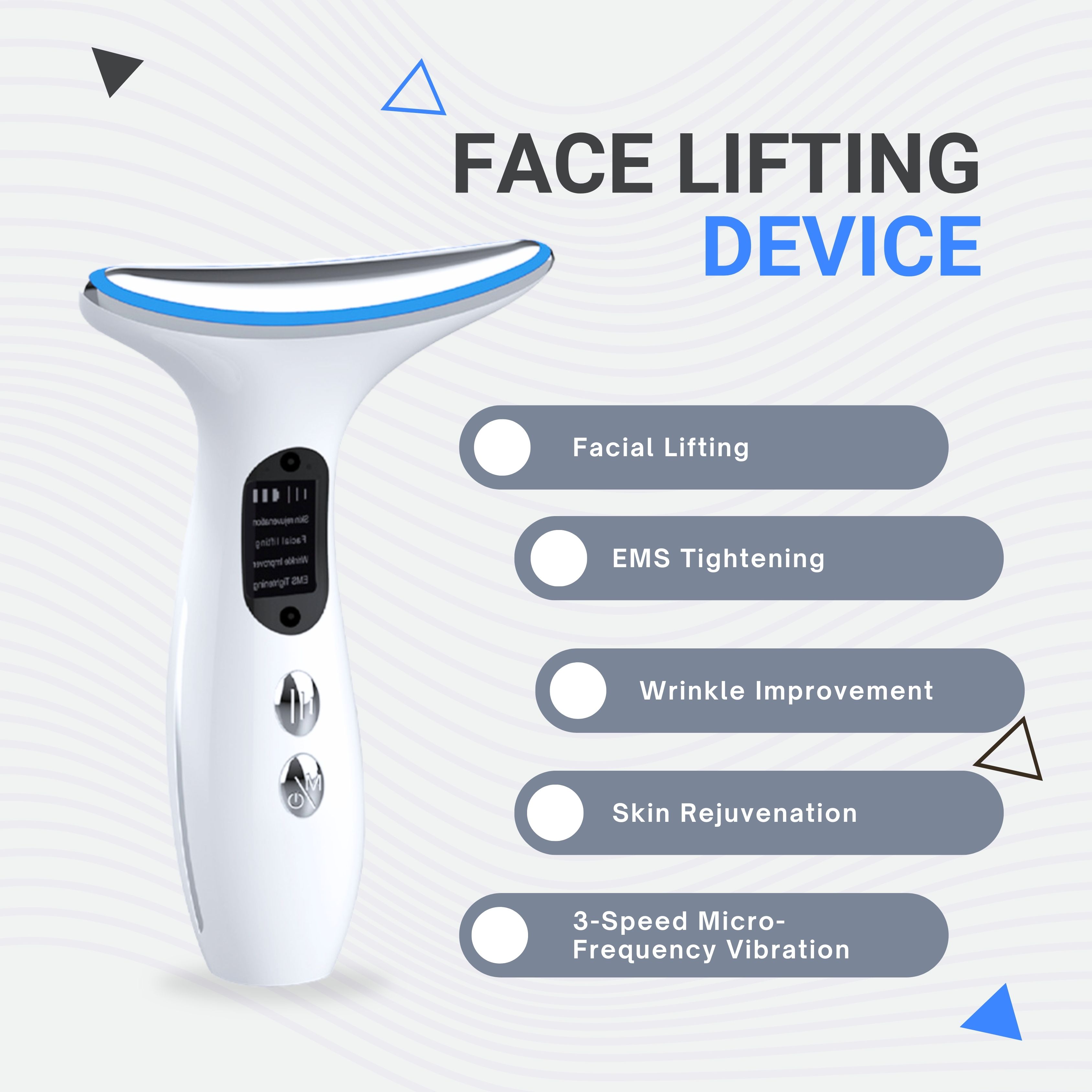 Weißes Lifting-Gerät für das Gesicht mit Liste der Funktionen: Facial Lifting, EMS Tightening, etc.
