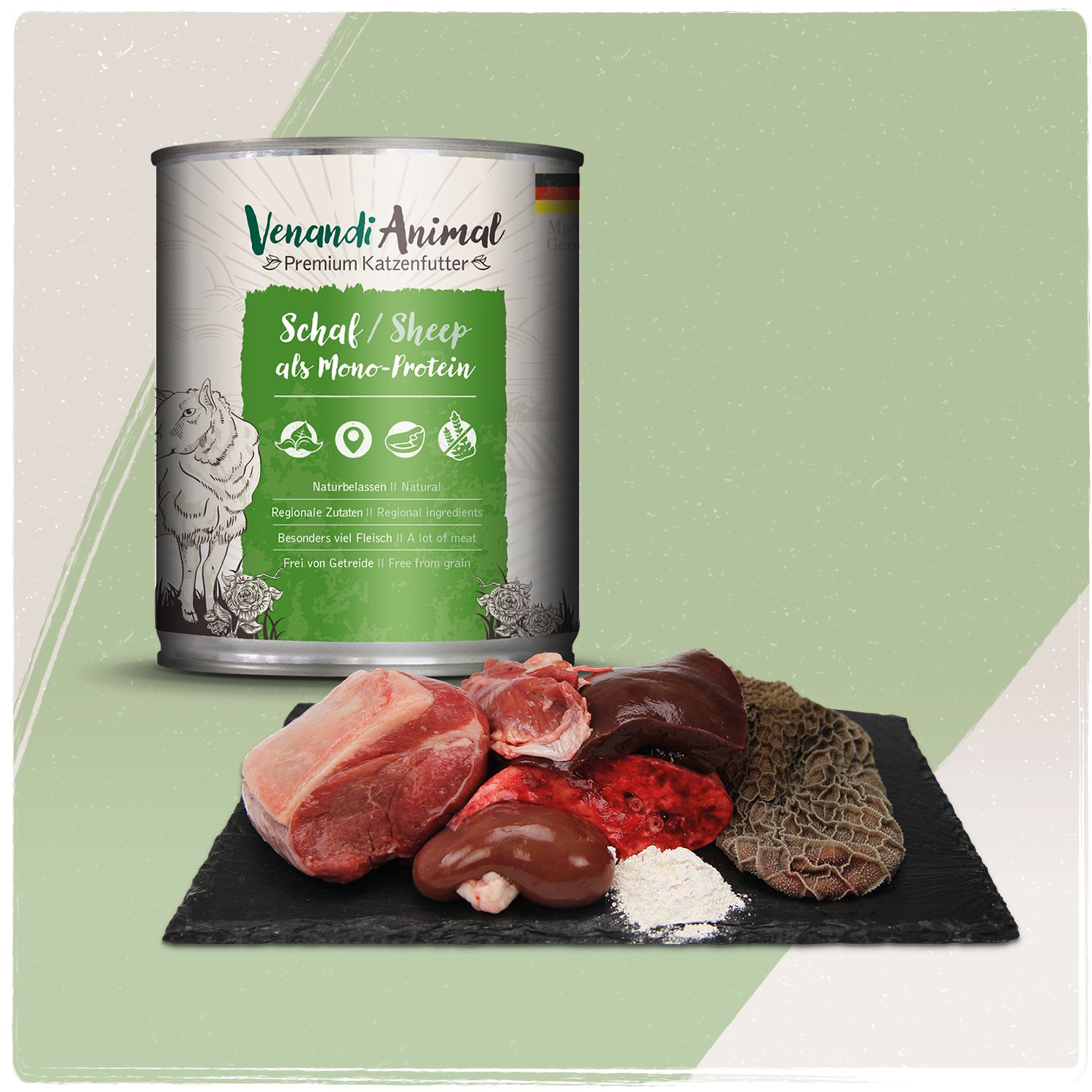 Venandi Animal Katzenfutter-Dose mit Schaf als Mono-Protein, daneben rohe Fleischstücke und Innereien auf schwarzem Stein.