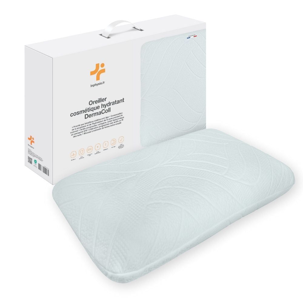 Kissen aus Memory-Schaum mit DermaColl-Bezug. Rechteckig, hellblau, mit Verpackung. Aufdruck: INPHYSIO, DermaColl.