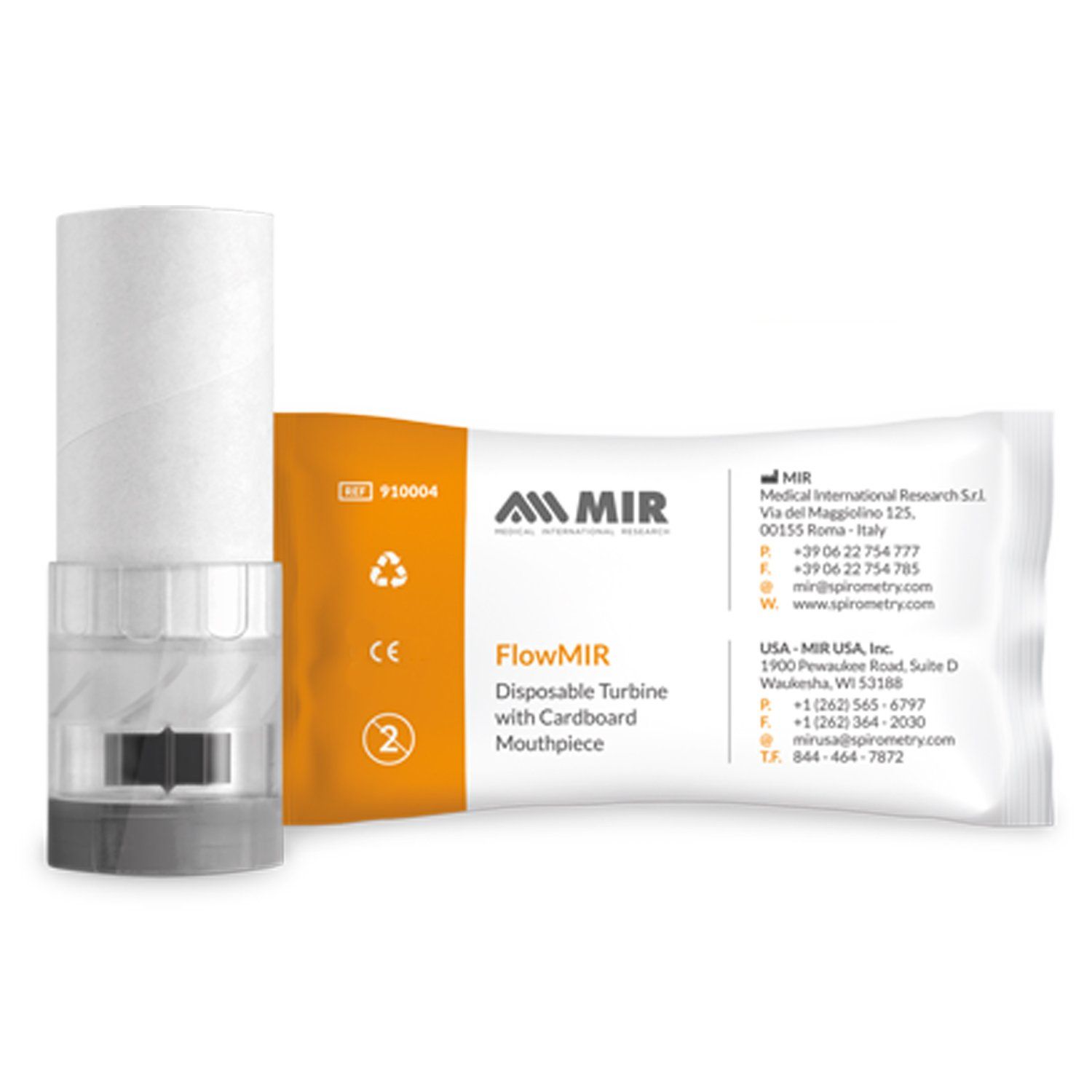 Turbine mit Mundstück, Verpackung mit FlowMIR-Logo, orangefarbene Verpackung, CE-Kennzeichnung.