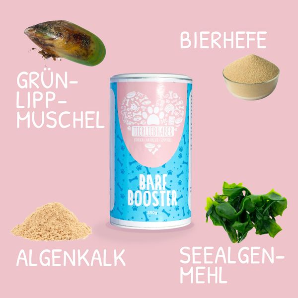 Dose mit "BARF BOOSTER" und "TIERLIEBHABER". Umgeben von Grünlippmuschel, Bierhefe, Algenkalk und Seealgenmehl.