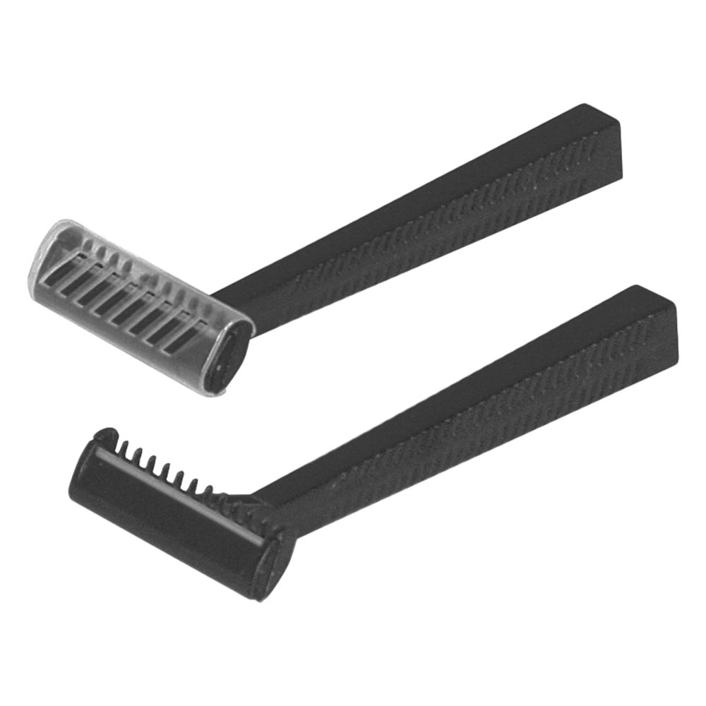 Zwei schwarze Einmal-Rasierer mit Klingenschutz. Einer mit Schutzhaube, der andere ohne. Griffe mit strukturierter Oberfläche.