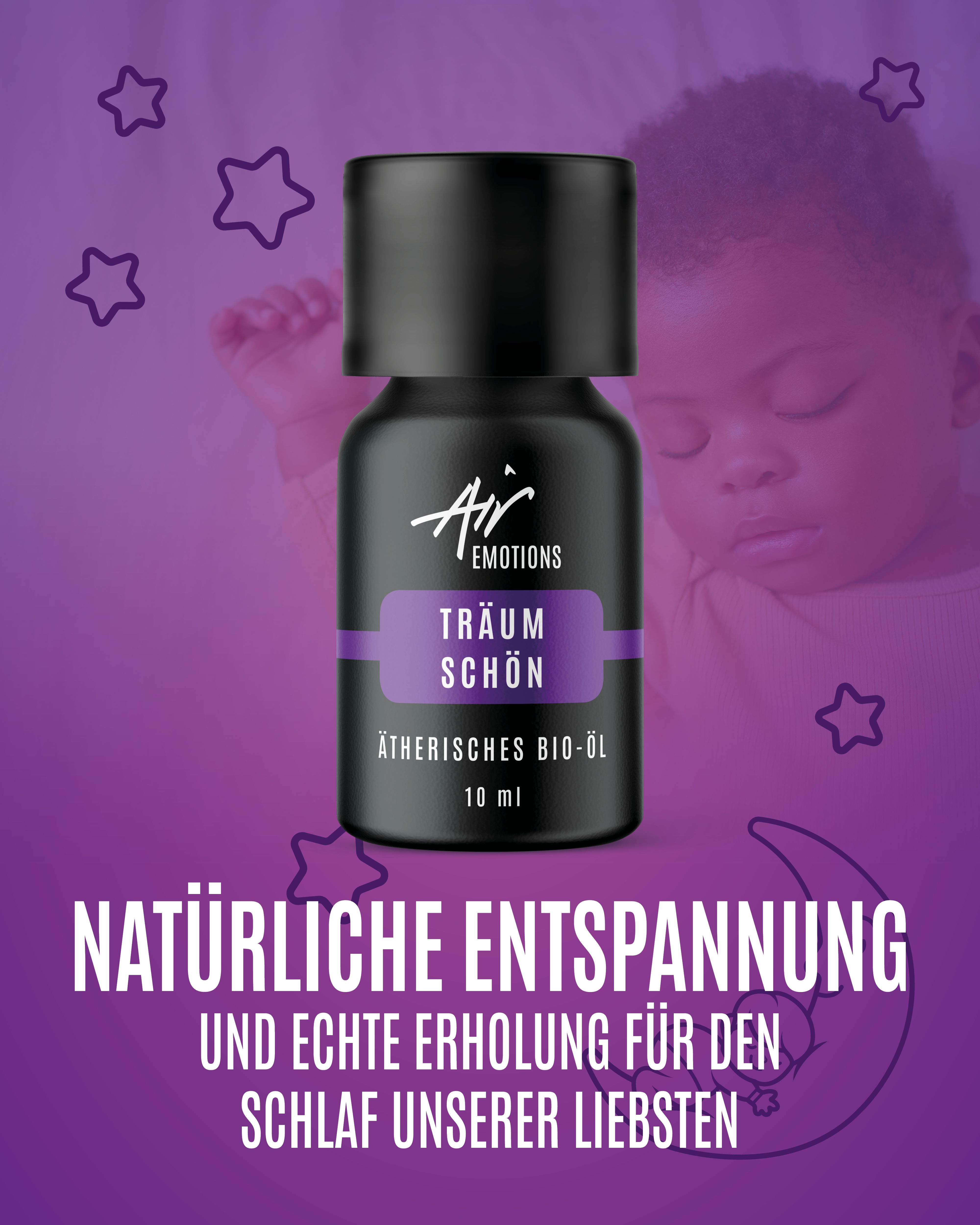 Flasche "Träum schön" vor lila Hintergrund mit Baby und Sternen. Text: Natürliche Entspannung für den Schlaf unserer Liebsten.