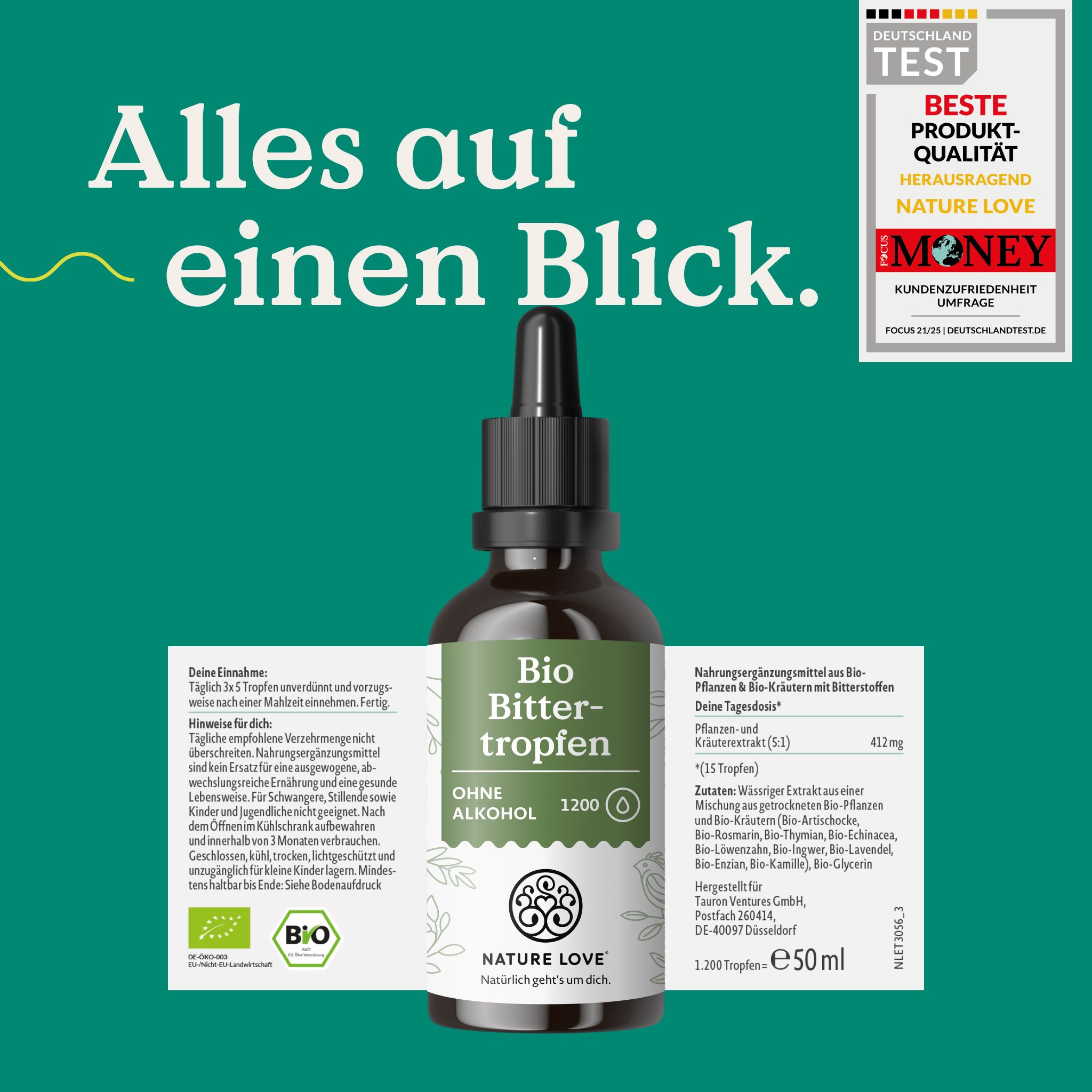 NATURE LOVE Bio Bittertropfen: Flasche mit Etikett, Nährwertangaben und Anwendungshinweisen.