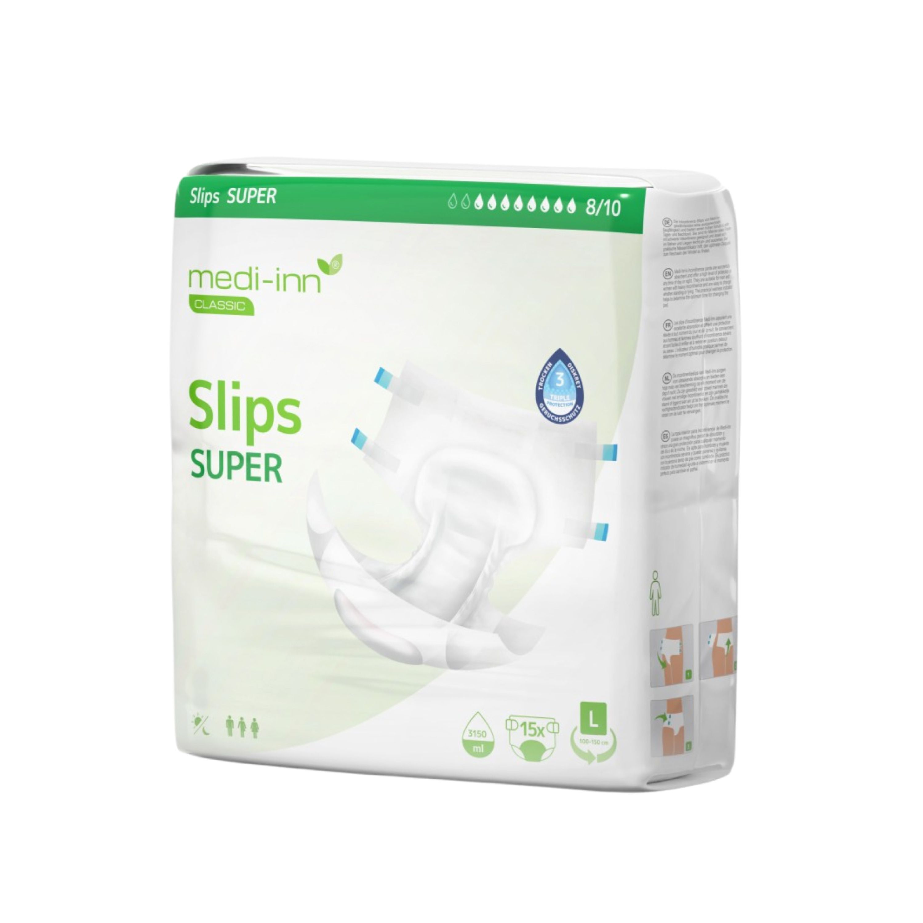 Verpackung von Medi-Inn Slips SUPER. Aufdruck: "Slips SUPER", Tropfensymbol, Größe L.