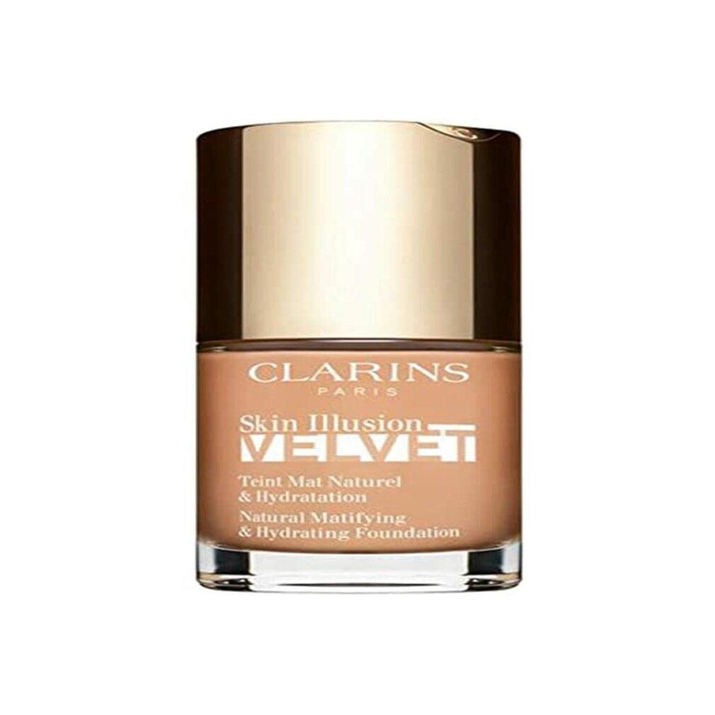 Clarins Skin Illusion Velvet Foundation. Flasche mit goldfarbenem Deckel. Text: Natural Mattifying & Hydrating Foundation.