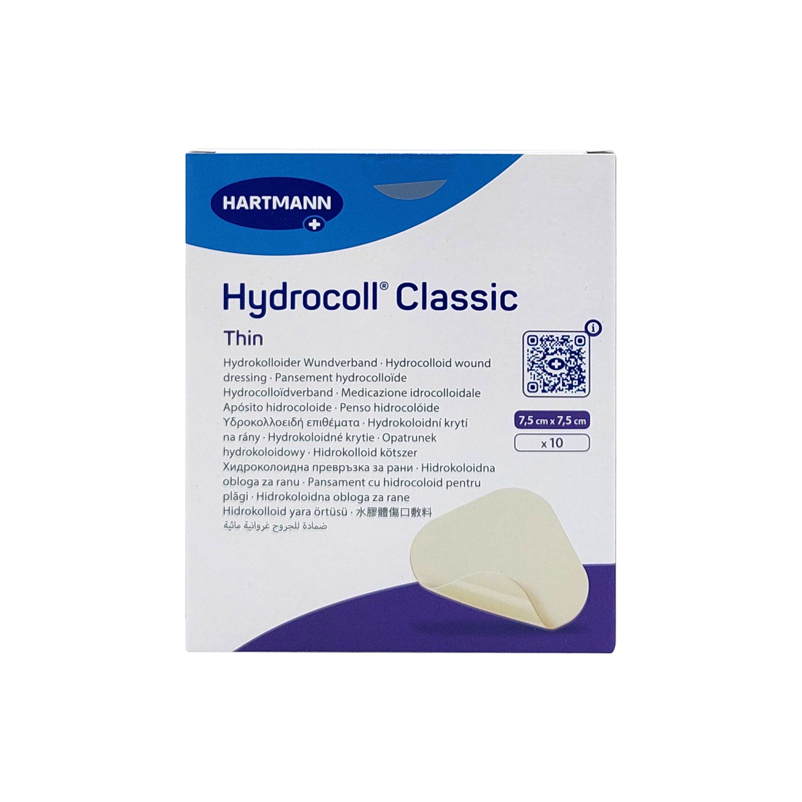 Verpackung mit Hydrocoll Classic Thin Wundverband. Quadratische Packung mit Produktname und Größenangabe. Enthält 10 Stück.