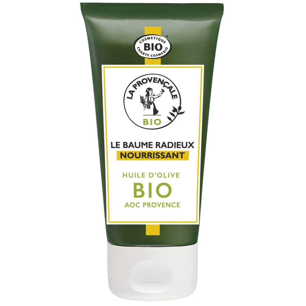 Grüne Tube mit weißem Deckel. Text: La Provençale Bio, Le Baume Radieux Nourrissant, Bio-Olivenöl. Bio-Siegel.