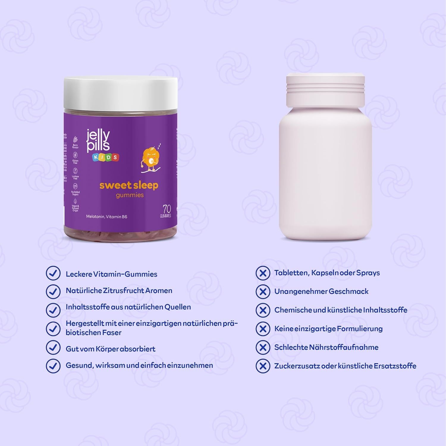 Vergleich von Jelly Pills Sweet Sleep Kinder Gummies mit Alternativen wie Tabletten oder Sprays.