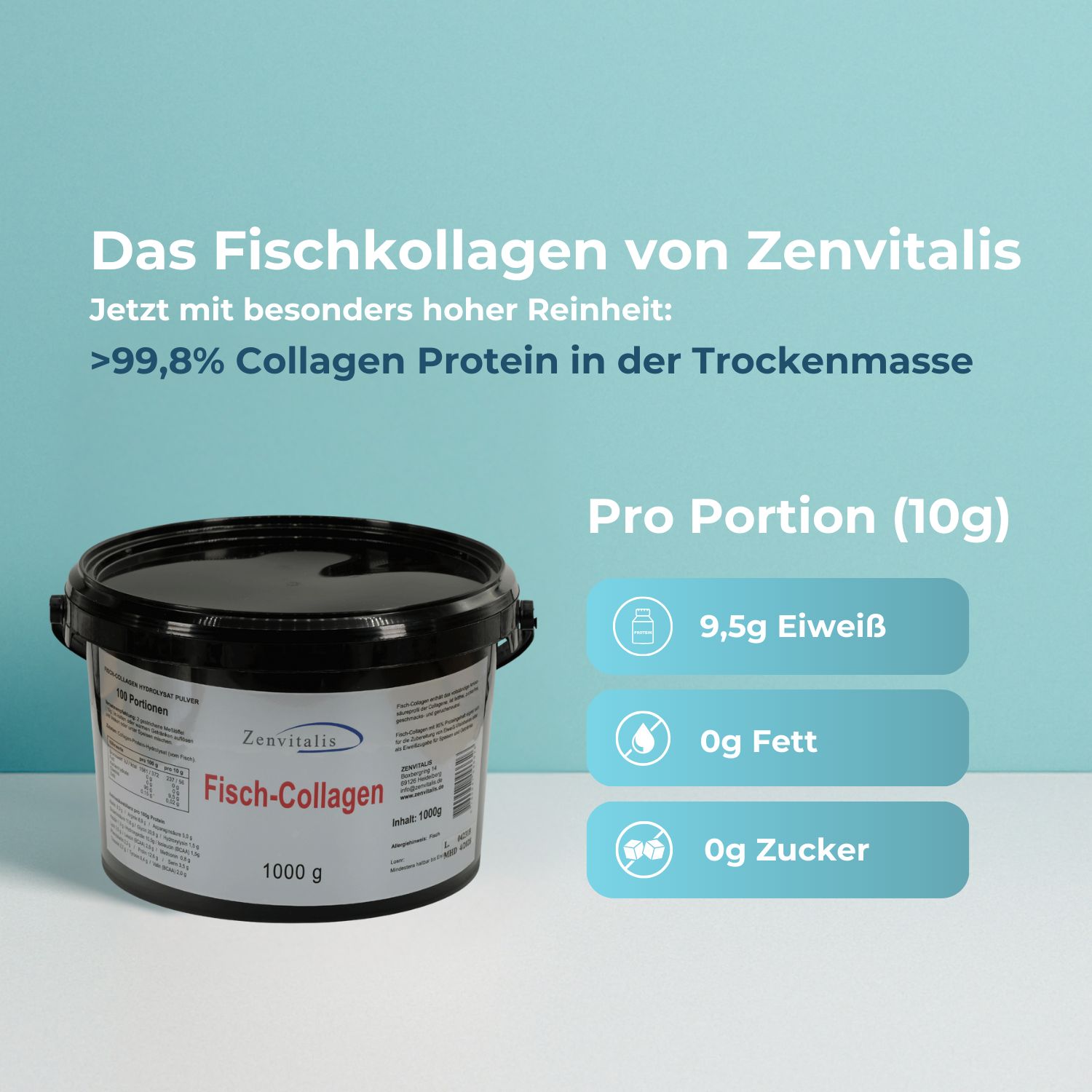 Schwarzer Eimer mit "Zenvitalis Fisch-Collagen 1000 g". Text: >99,8% Kollagen Protein. Nährwertangaben pro Portion.
