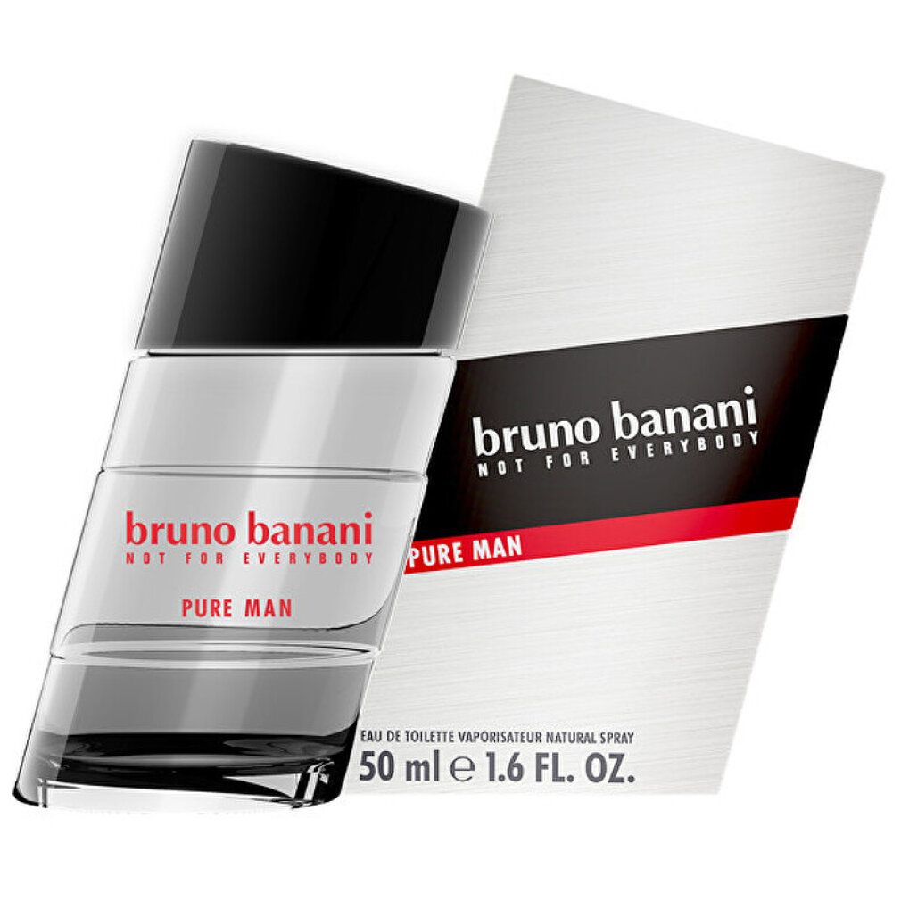 Glasflakon und Verpackung. Auf dem Flakon steht "bruno banani NOT FOR EVERYBODY PURE MAN".