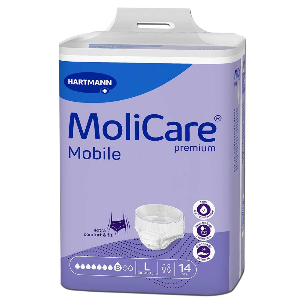 Verpackung MoliCare Mobile Premium, Größe L, 14 Stück. Marke Hartmann. Produktabbildung und Logos.
