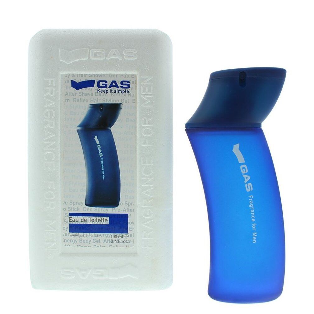 Blauer Flakon mit blauem Deckel, neben weißer Verpackung mit Flakon-Design. Text: GAS, Eau de Toilette. Aufdruck: Fragrance for Men.