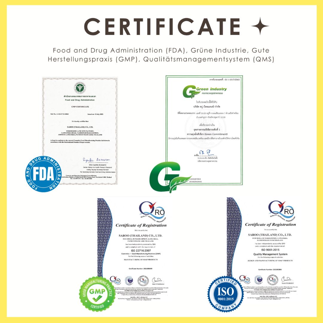 Zertifikate: FDA, Grüne Industrie, GMP, ISO 9001. Text in Deutsch.