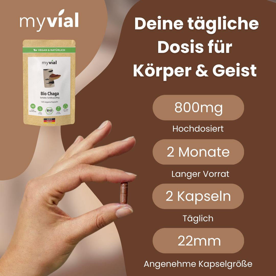 Hand hält eine einzelne myvial Bio Chaga Kapsel. Daneben Informationen zu Dosierung und Vorrat.