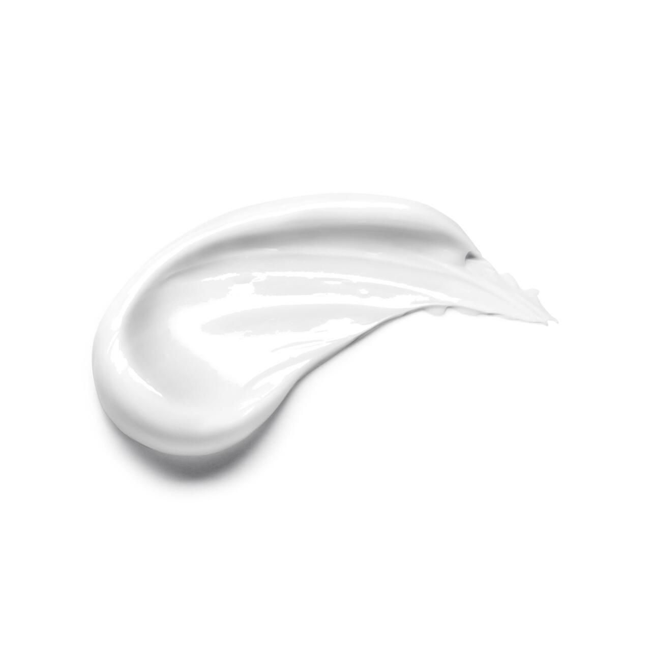 Weißer Klecks Handcreme auf weißem Hintergrund. Cremige Textur, wellenförmig geschwungen.
