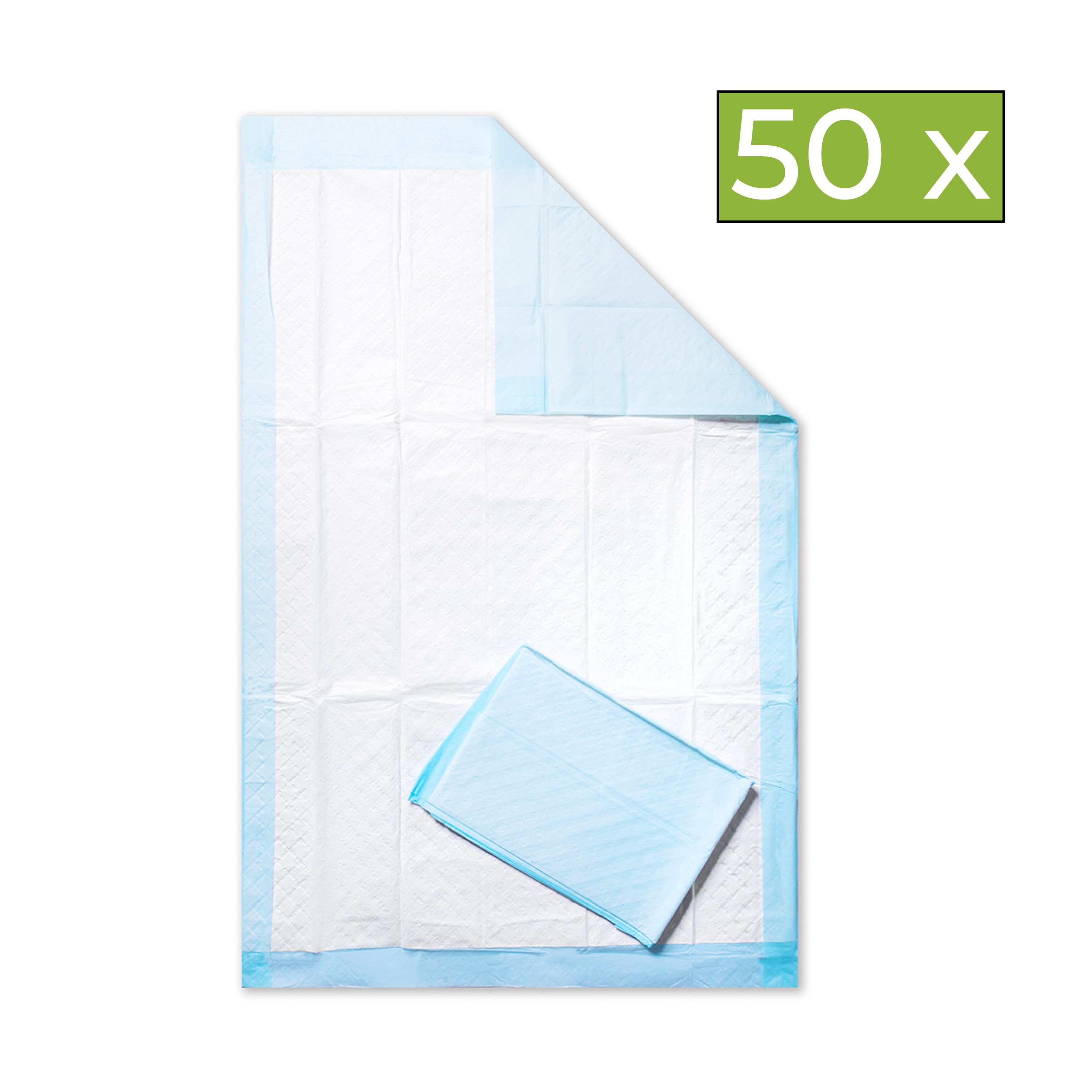 Krankenunterlage, blau-weiß, mit einer einzelnen Unterlage. Auf der Verpackung steht '50 x'.
