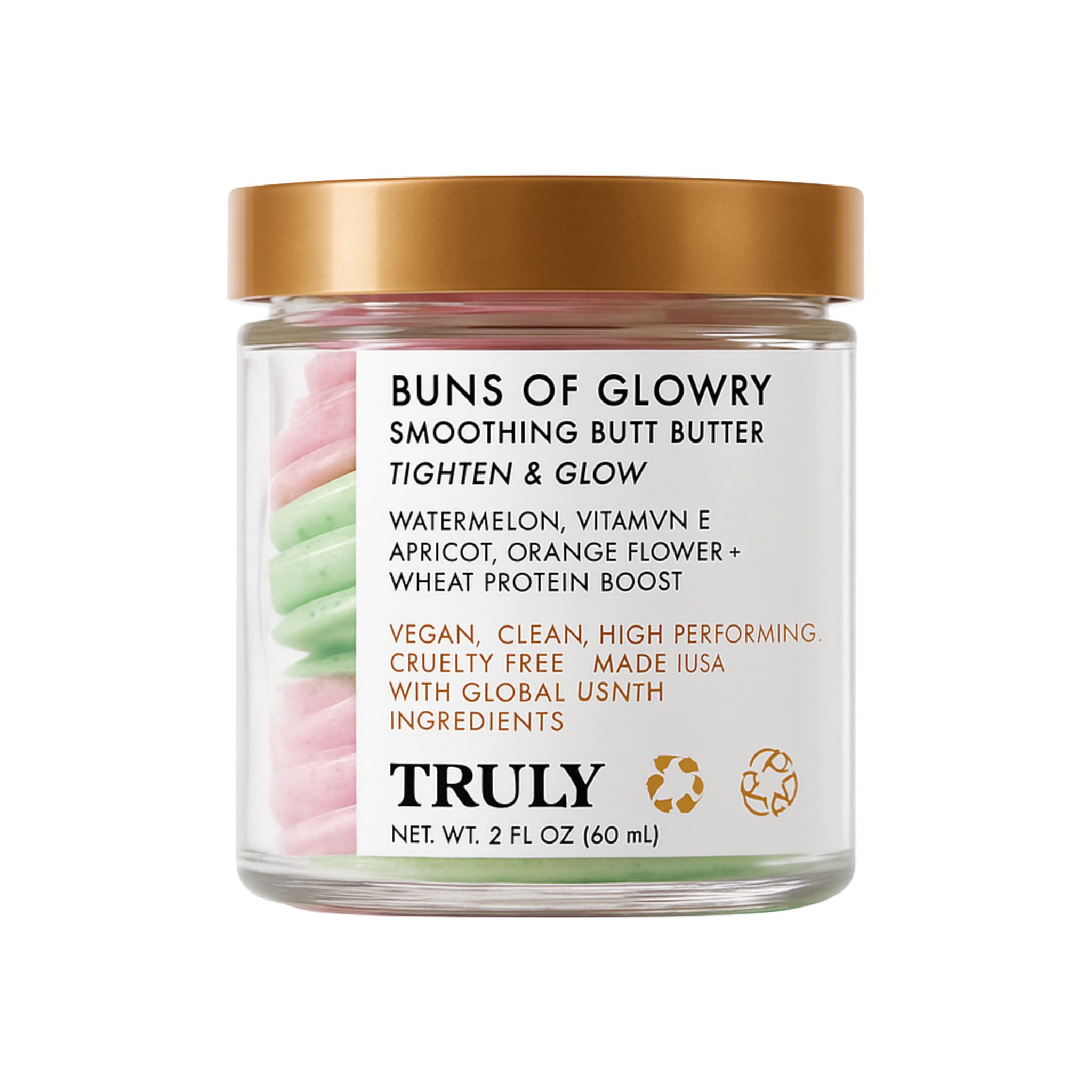 Glasbehälter mit rosa und grünem Produkt. Aufschrift: Buns of Glowry. Text: Vegan, sauber, leistungsstark. Marke: TRULY.
