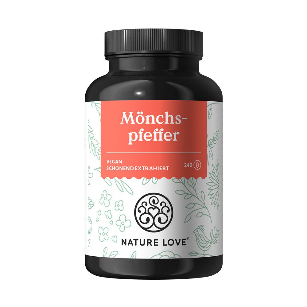 Dunkle Flasche mit rotem Etikett. Aufschrift: Mönchspfeffer, NATURE LOVE®. Vegan, schonend extrahiert. 240 Kapseln.
