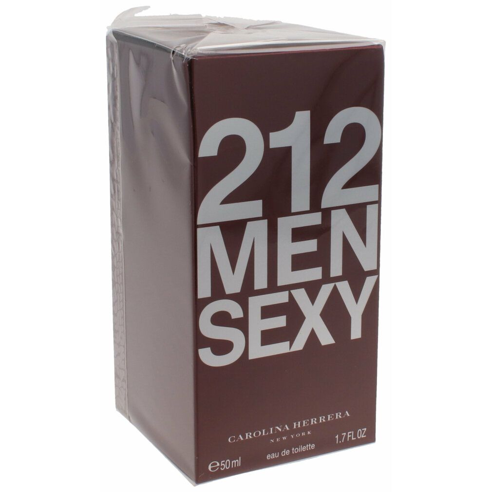 Scatola rettangolare marrone con testo bianco: 212 MEN SEXY. Sotto: CAROLINA HERRERA. Eau de toilette. 50ml, 1.7 FL OZ. Confezionato in pellicola.
