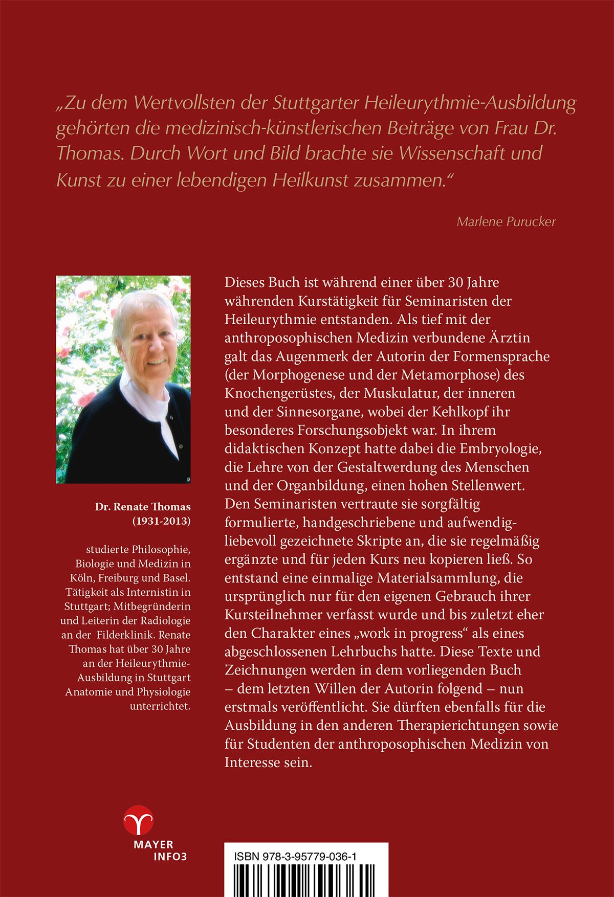 Buchseite mit Text und Foto von Dr. Renate Thomas. Text über die Heileurythmie und die Autorin.