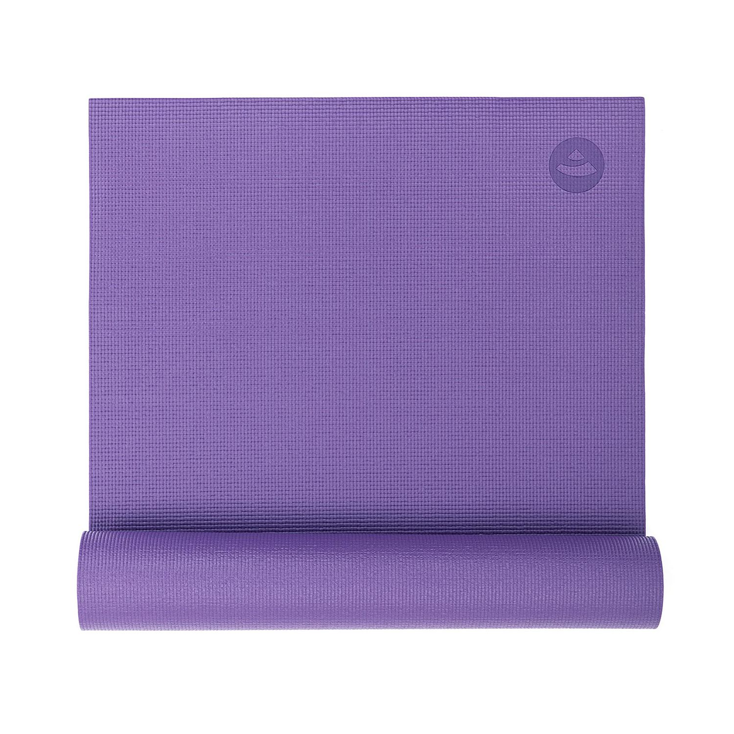 Lila Yogamatte, teilweise gerollt. Das Logo ist auf der Matte zu sehen.