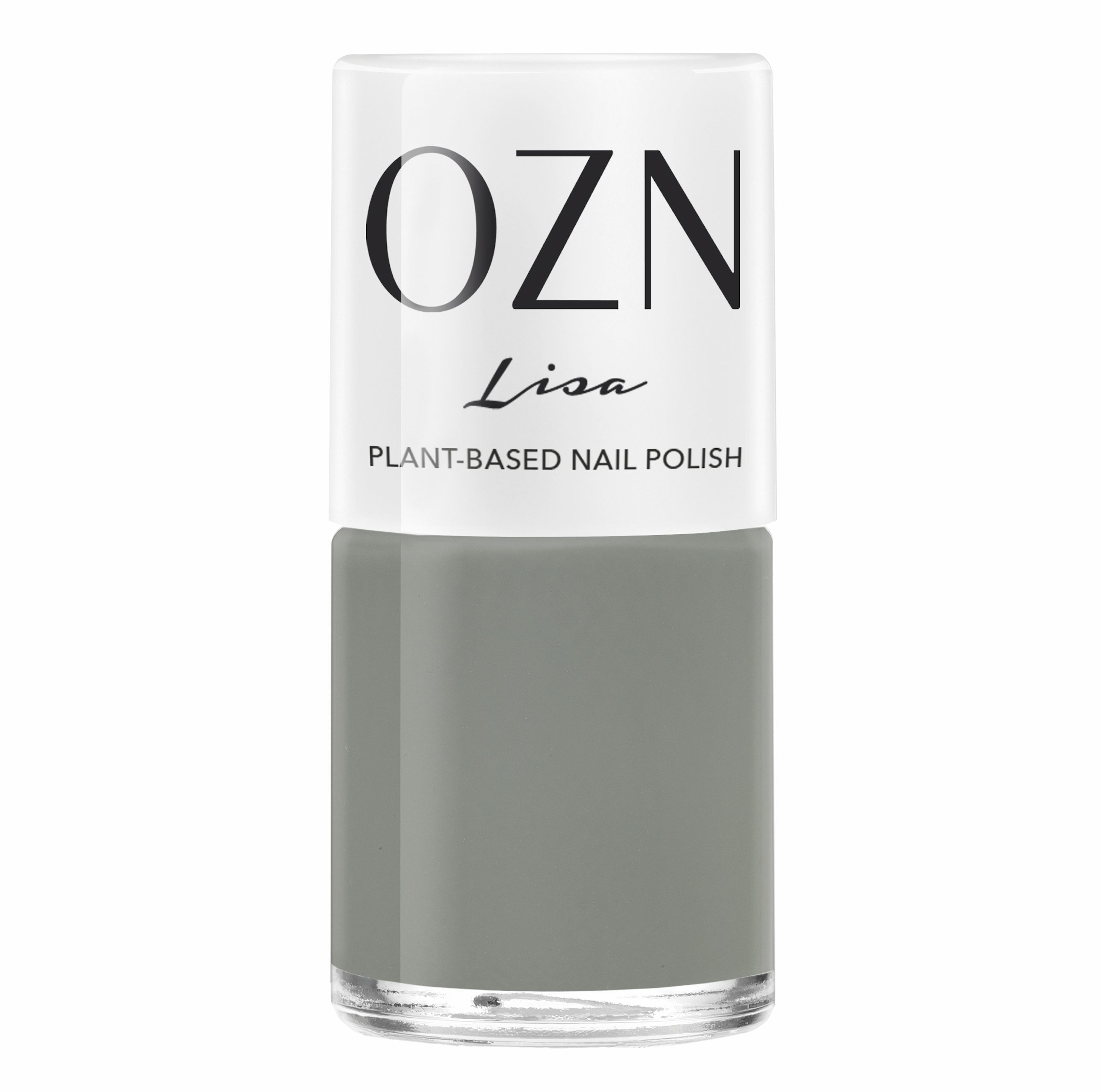 Nagellackflasche, grau. OZN Lisa, pflanzlicher Nagellack. Weißer Deckel mit schwarzem Schriftzug. Transparente Glasflasche.