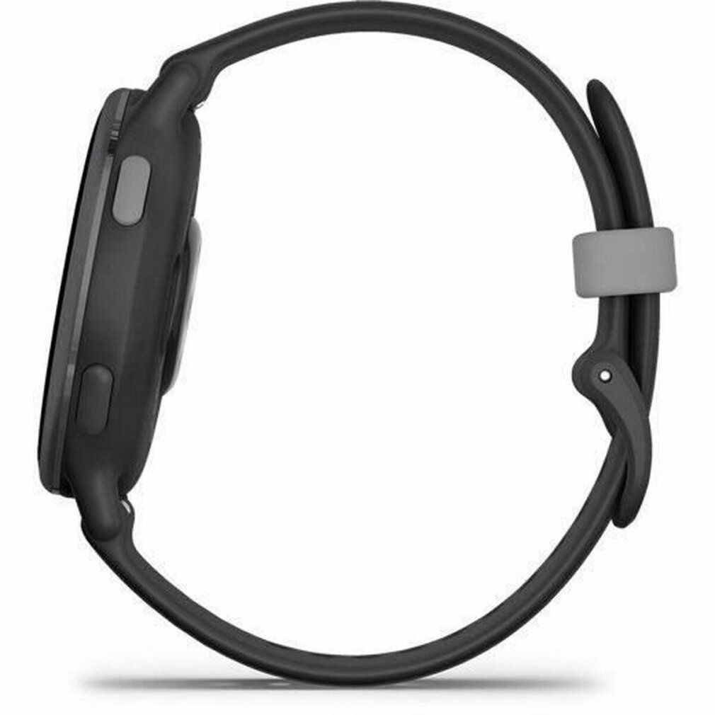 Schwarze Smartwatch-Seitenansicht. Runde Form, graue Taste, schwarzes Armband. Grauer Bandhalter. Gehäuse mit Display.