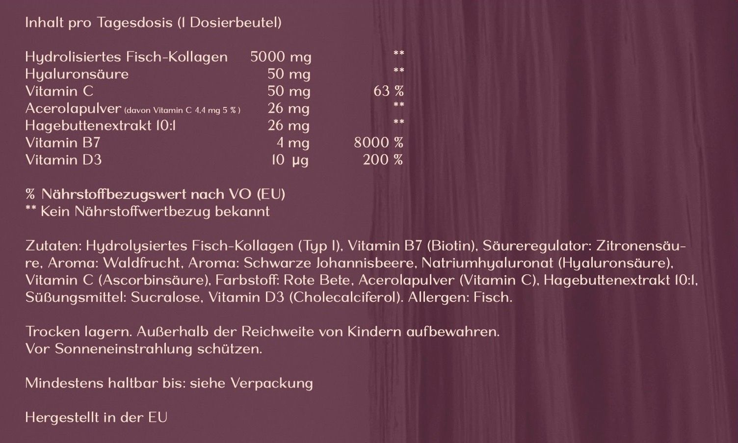 Inhaltsstoffliste und Nährwertangaben. Text auf lila Hintergrund.