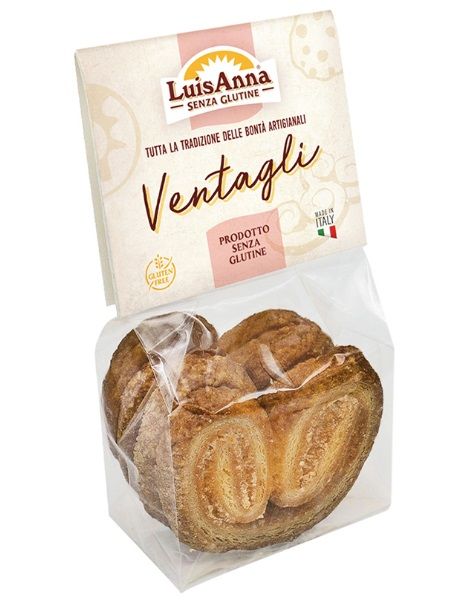 Confezione di 'Ventagli Sfoglia Senza Glutine' Luisanna. Il prodotto è visibile in un sacchetto trasparente. Sulla confezione si legge 'PRODOTTO SENZA GLUTINE' e 'GLUTEN FREE'. Prodotto 'Made in Italy'.