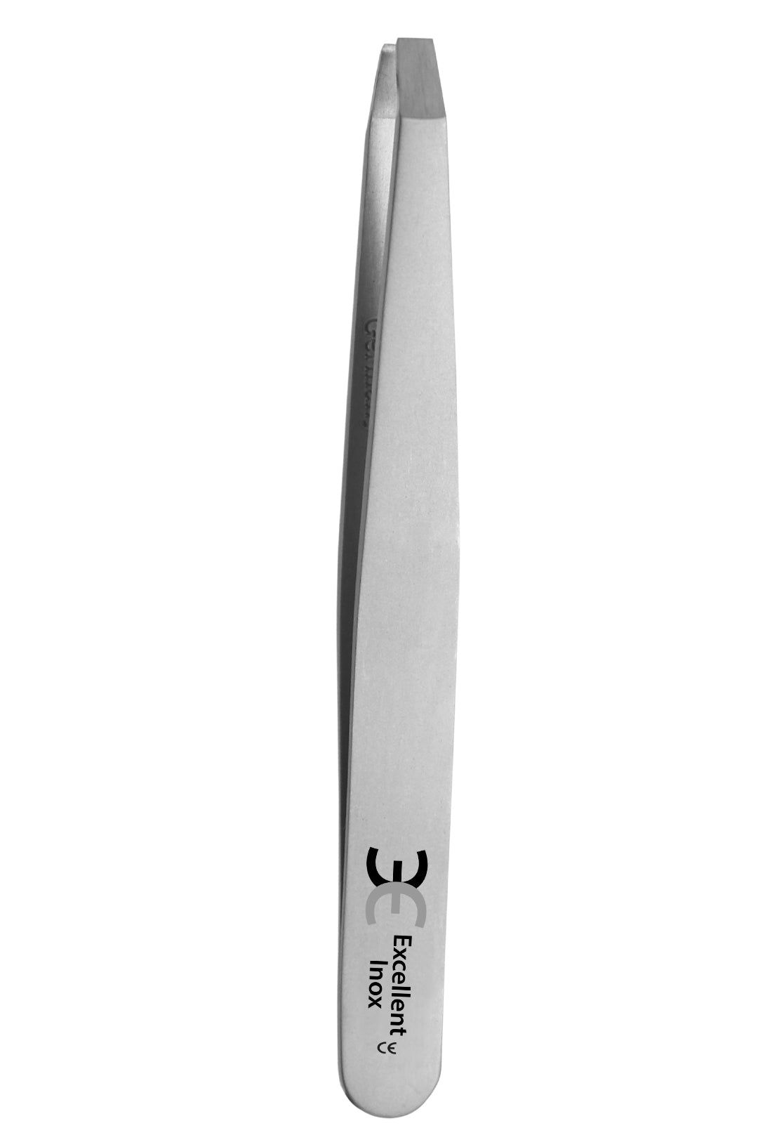 Gerade Pinzette aus rostfreiem Stahl. Auf dem Griff ist das Logo "3E Excellent Inox" abgebildet.