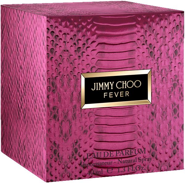 Pinke Jimmy Choo Fever Verpackung mit Schlangenmuster. Goldener Schriftzug und Logo. Eckige Form.