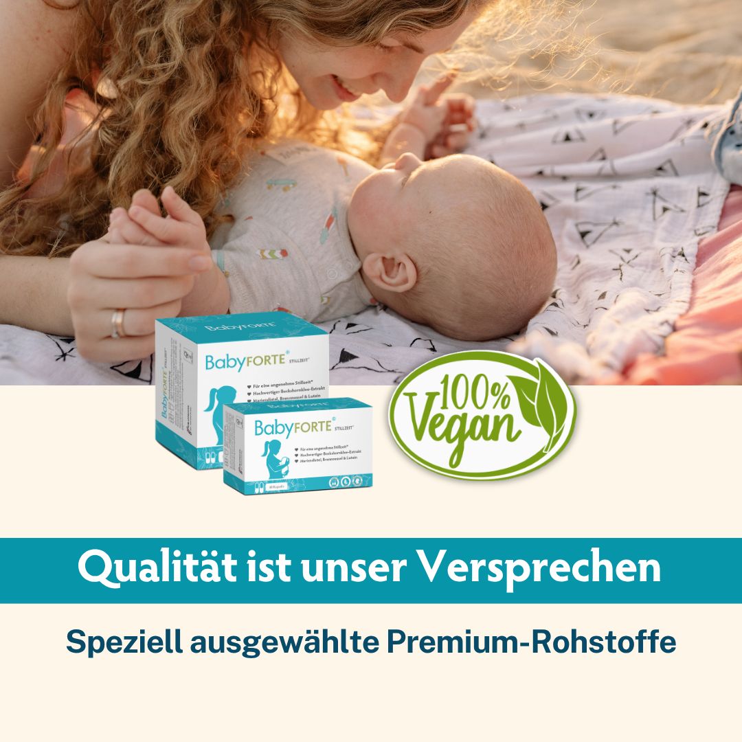 BabyFORTE Stillzeit Vitamine Verpackung mit Siegel '100% Vegan'.