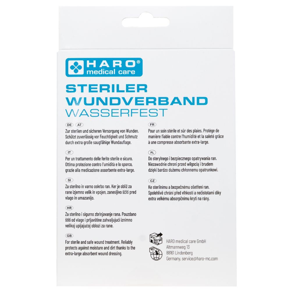 Rückseite der Verpackung mit Informationen zum sterilen, wasserfesten Wundverband. Marke: HARO medical care. Text in mehreren Sprachen.