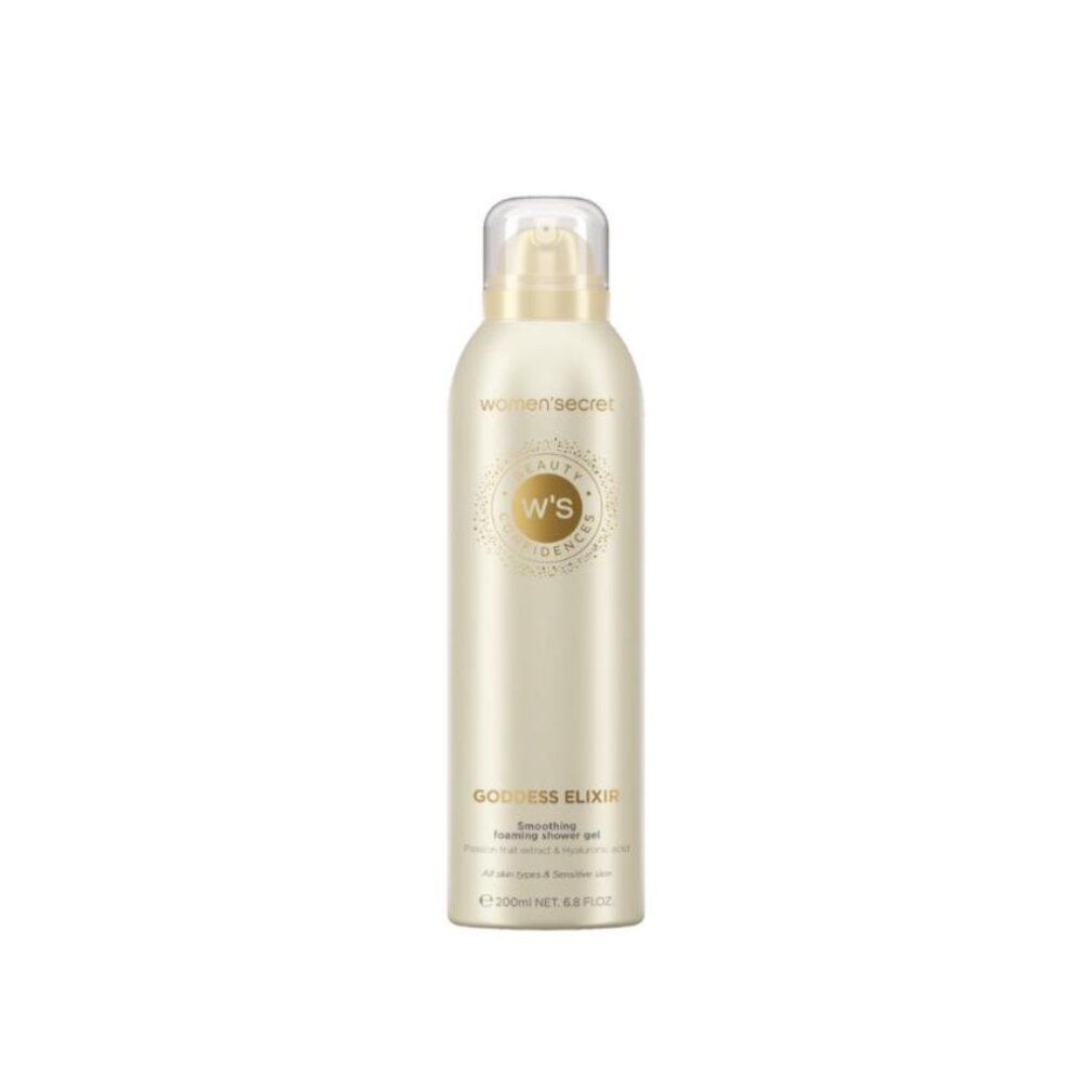 Goldene Flasche mit Pumpspender und durchsichtiger Kappe. Beschriftung: 'GODDESS ELIXIR'.