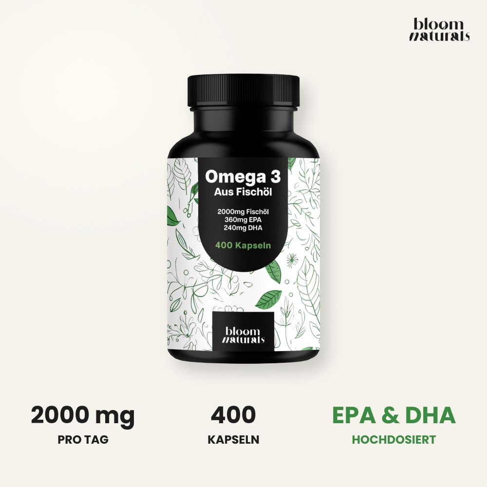 Dose Omega 3 Fischöl mit Etikett "Bloom Naturals", zeigt "2000 mg", "400 Kapseln" und "EPA & DHA".