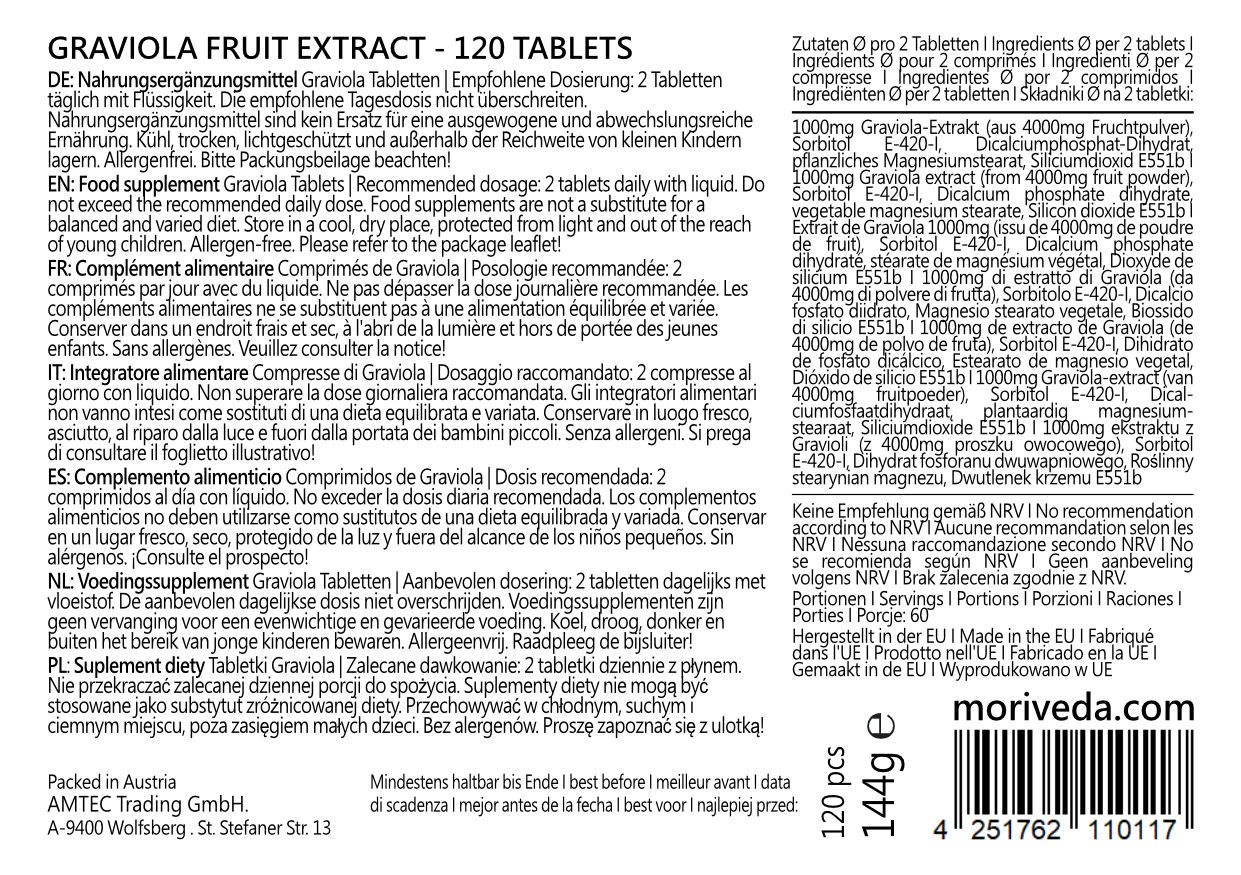 Rückseite der Verpackung mit Informationen zu Graviola Tabletten. Text in mehreren Sprachen. 120 Tabletten, 144g.