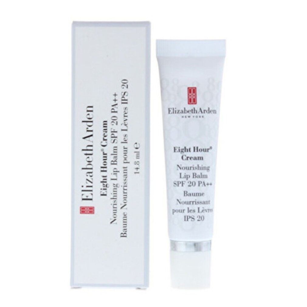 Weiße Tube mit Lippenbalsam. Marke und Produktbezeichnung aufgedruckt. Silberfarbener Deckel.