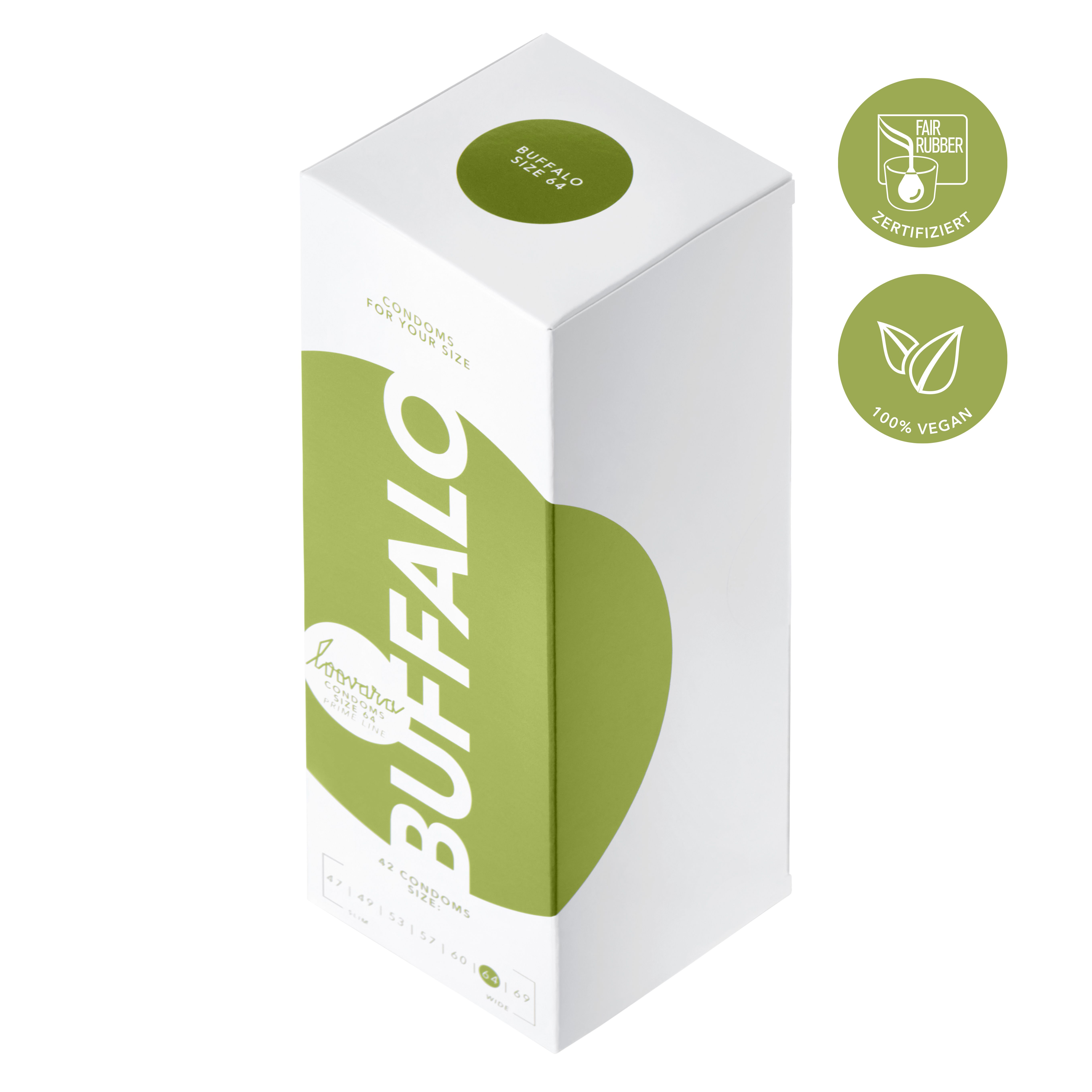 Weiße Schachtel mit grünem Kreis und "BUFFALO"-Schriftzug. Siegel mit "Fair Rubber" und "100% vegan".