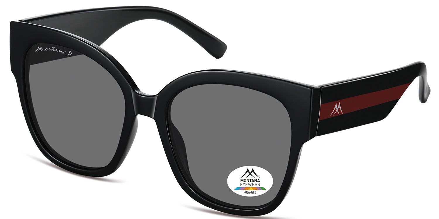 Schwarze Sonnenbrille mit grauen Gläsern. Montana Eyewear Logo auf dem linken Bügel. Polarisiert-Aufkleber auf dem rechten Glas.