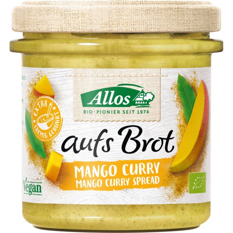 Glas mit Mango Curry Aufstrich. Aufschrift: Allos, aufs Brot, Mango Curry. Mit Mango- und Blatt-Illustrationen. Vegan.