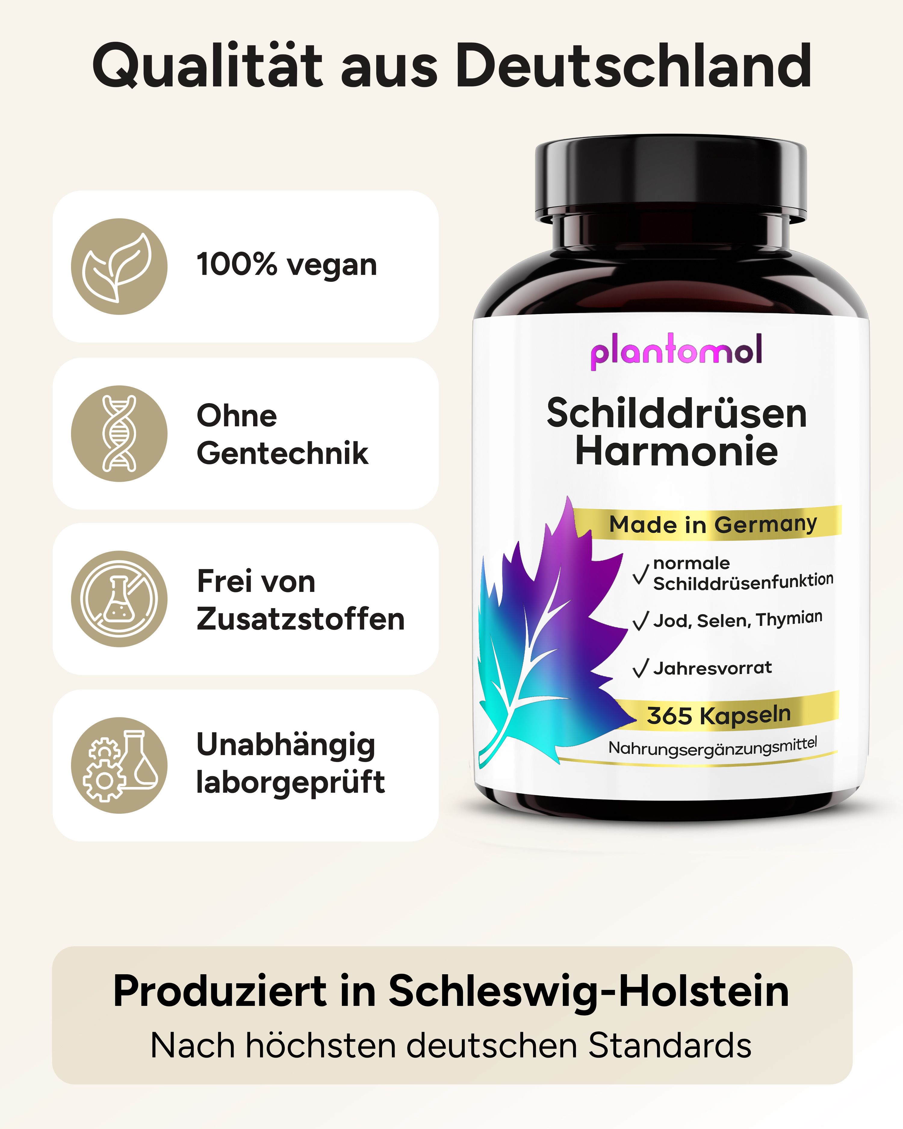 Produktflasche mit plantomol Schilddrüsen Harmonie. 100% vegan, ohne Gentechnik, ohne Zusatzstoffe. 365 Kapseln.