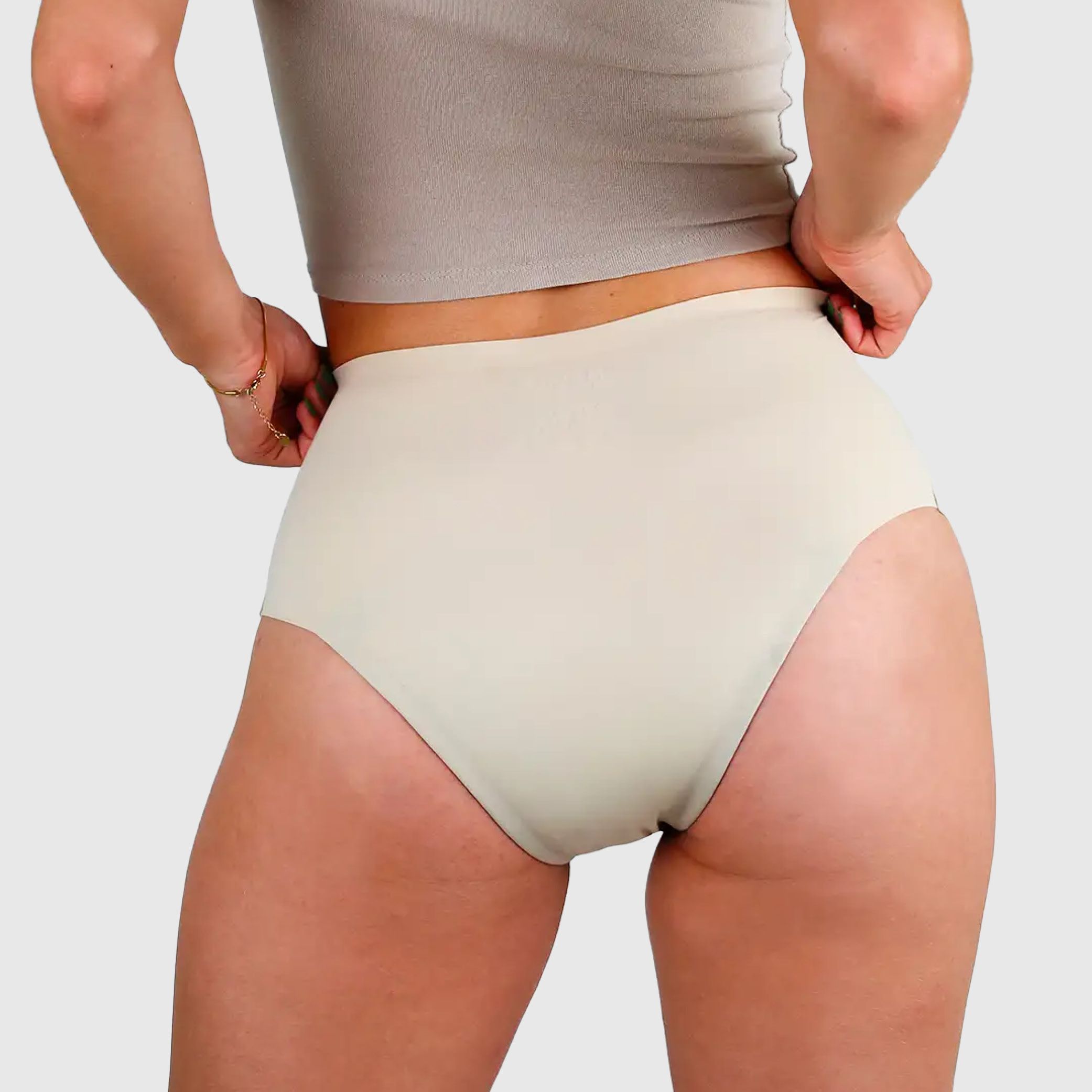 Rückansicht einer hautfarbenen High Waist Periodenunterwäsche aus nahtlosem Material.